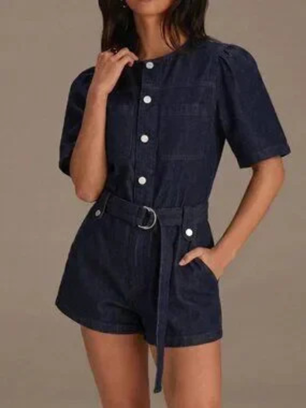 Navy Blue Casual Women's Denim Short Sleeve Jumpsuit romper